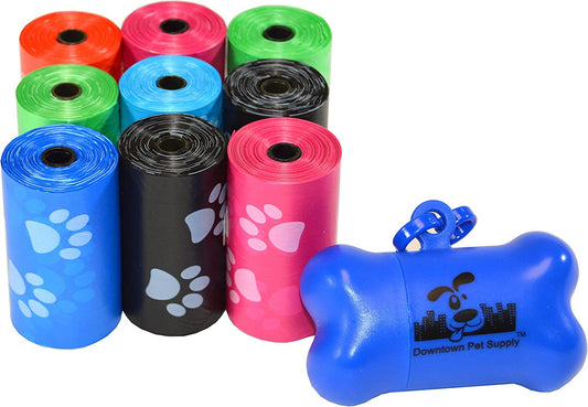 180 Count Unscented Dog Waste Bags with Dog Poop Bag Dispenser, Rainbow with Paw Prints - Leak-Proof Dog Poop Bags Refills with Leash Clip and Bone Bag Dispenser - 12.5 X 8.5"