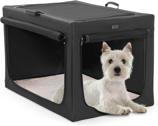 24 Inch Soft Dog Crate, Adjustable Design Soft Kennel with Chew Proof Mesh Windows & Thicken Mat, Ideal for Indoor & Outdoor Travel Black