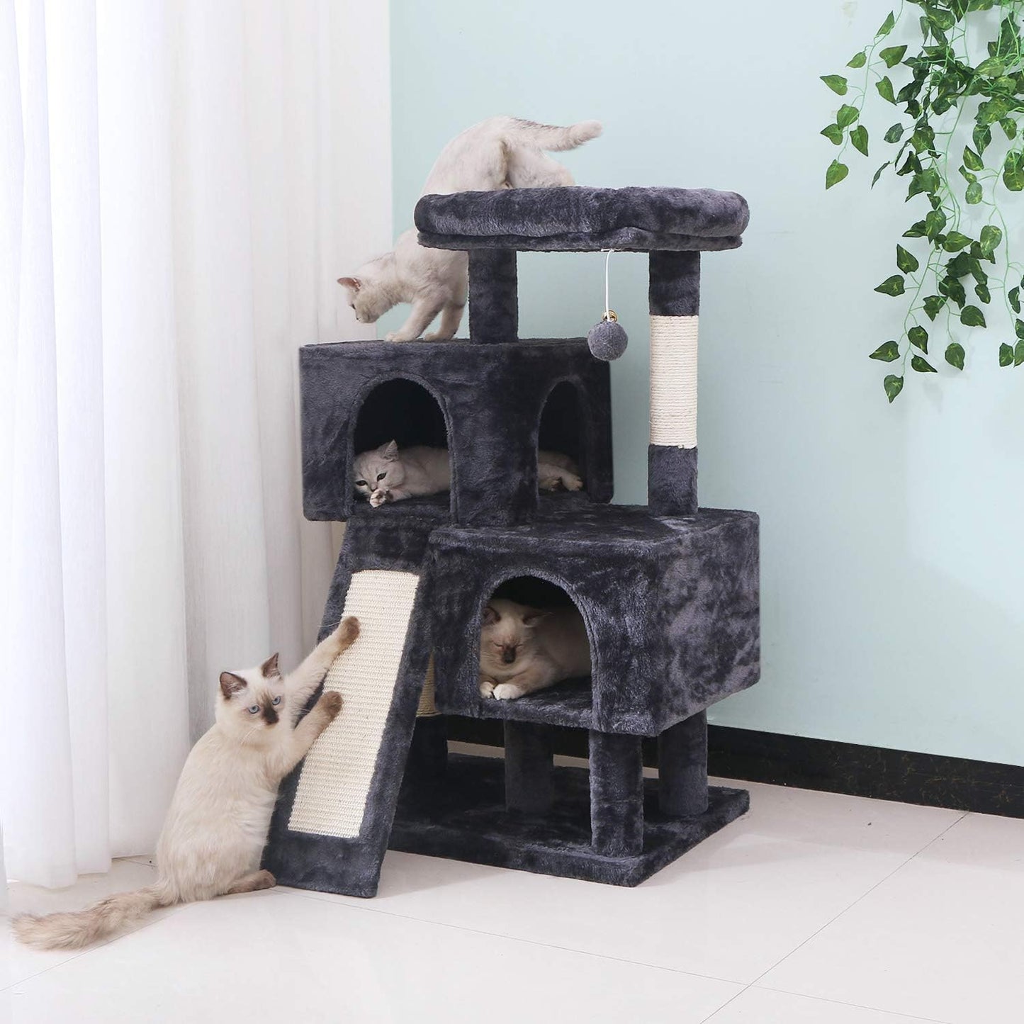 Cat Tree Condo with Sisal Scratching Posts, Scratching Board, Plush Perch and Dual Houses, Cat Tower Furniture Kitty Activity Center Kitten Play House, Grey MMJ10B