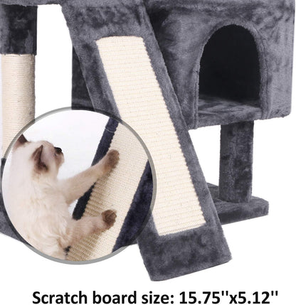 Cat Tree Condo with Sisal Scratching Posts, Scratching Board, Plush Perch and Dual Houses, Cat Tower Furniture Kitty Activity Center Kitten Play House, Grey MMJ10B