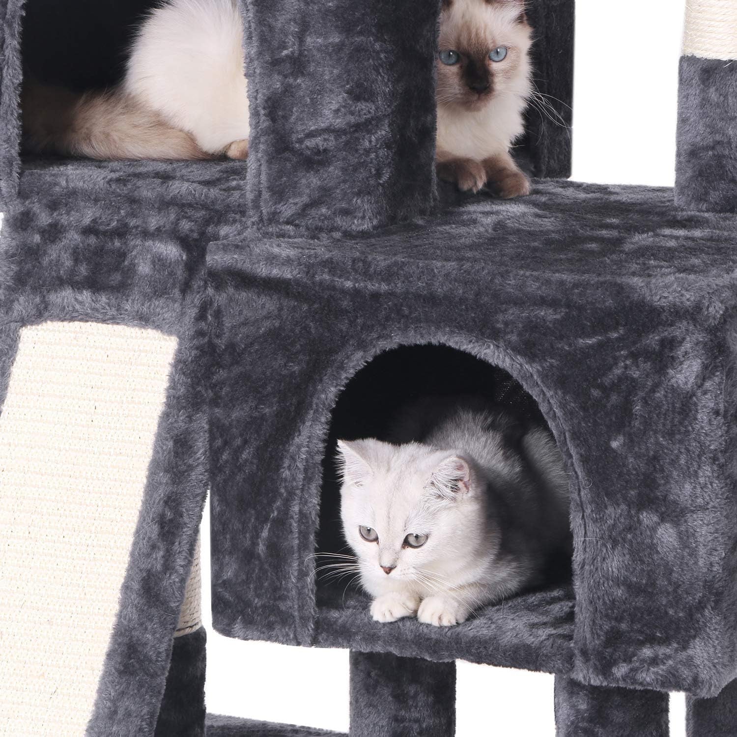 Cat Tree Condo with Sisal Scratching Posts, Scratching Board, Plush Perch and Dual Houses, Cat Tower Furniture Kitty Activity Center Kitten Play House, Grey MMJ10B